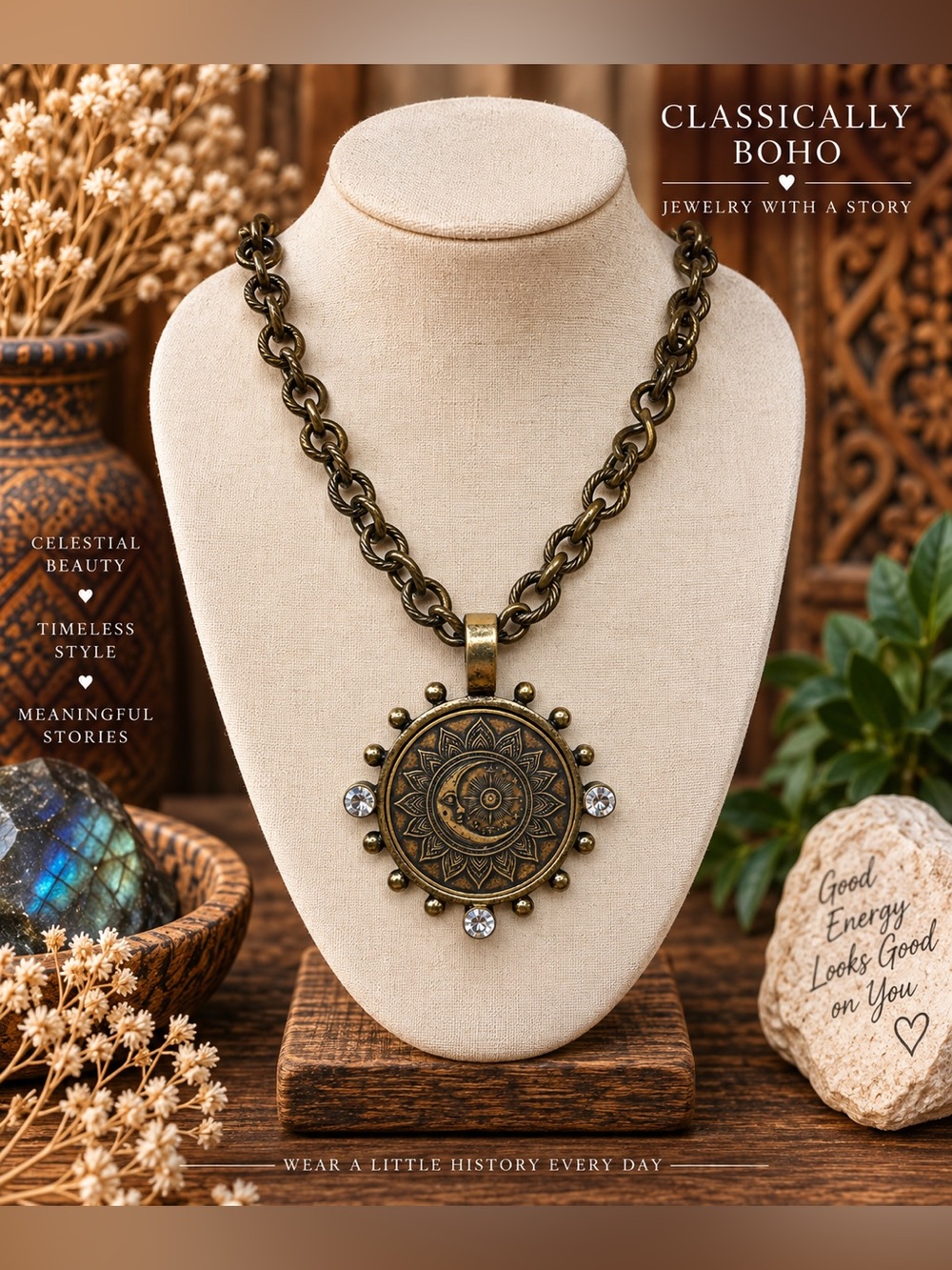 Antique Brass Celestial Moon Coin Necklace ✨🌙